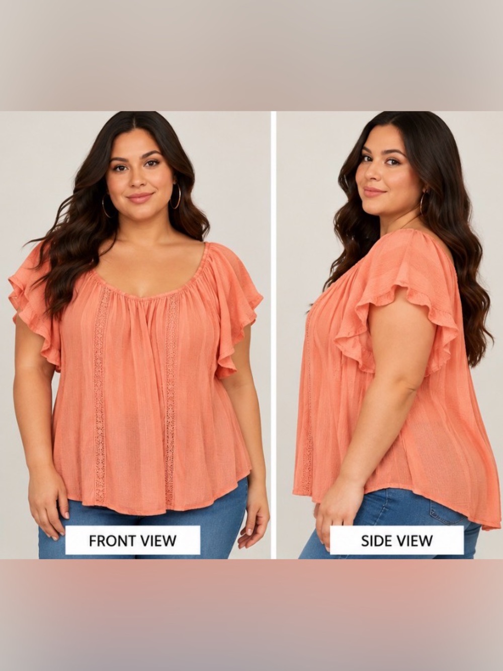torrid Coral-Peach Scoop Neck Short Sleeve Lace-Trim Blouse